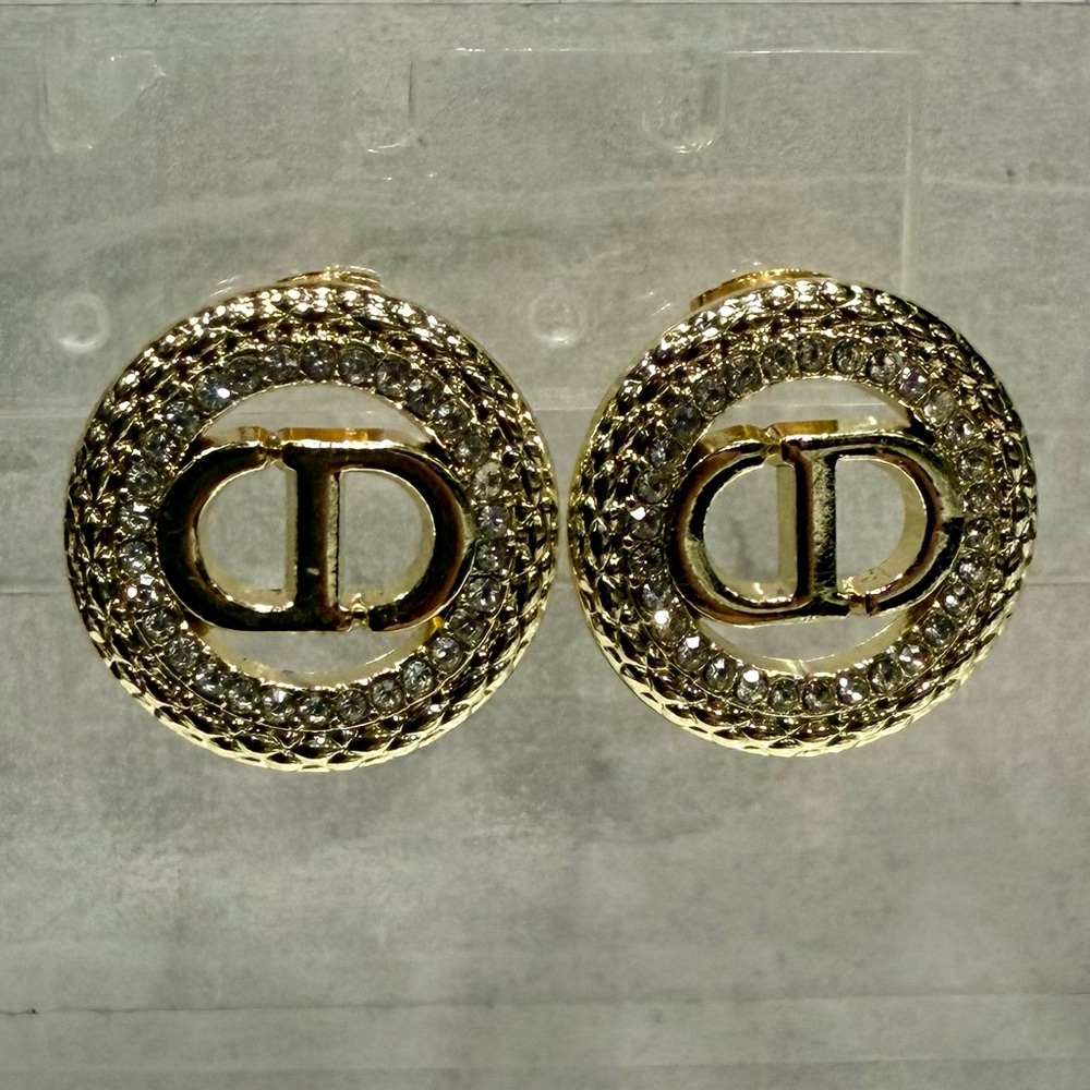 CD Gold Crystal Round Logo Stud Earrings
